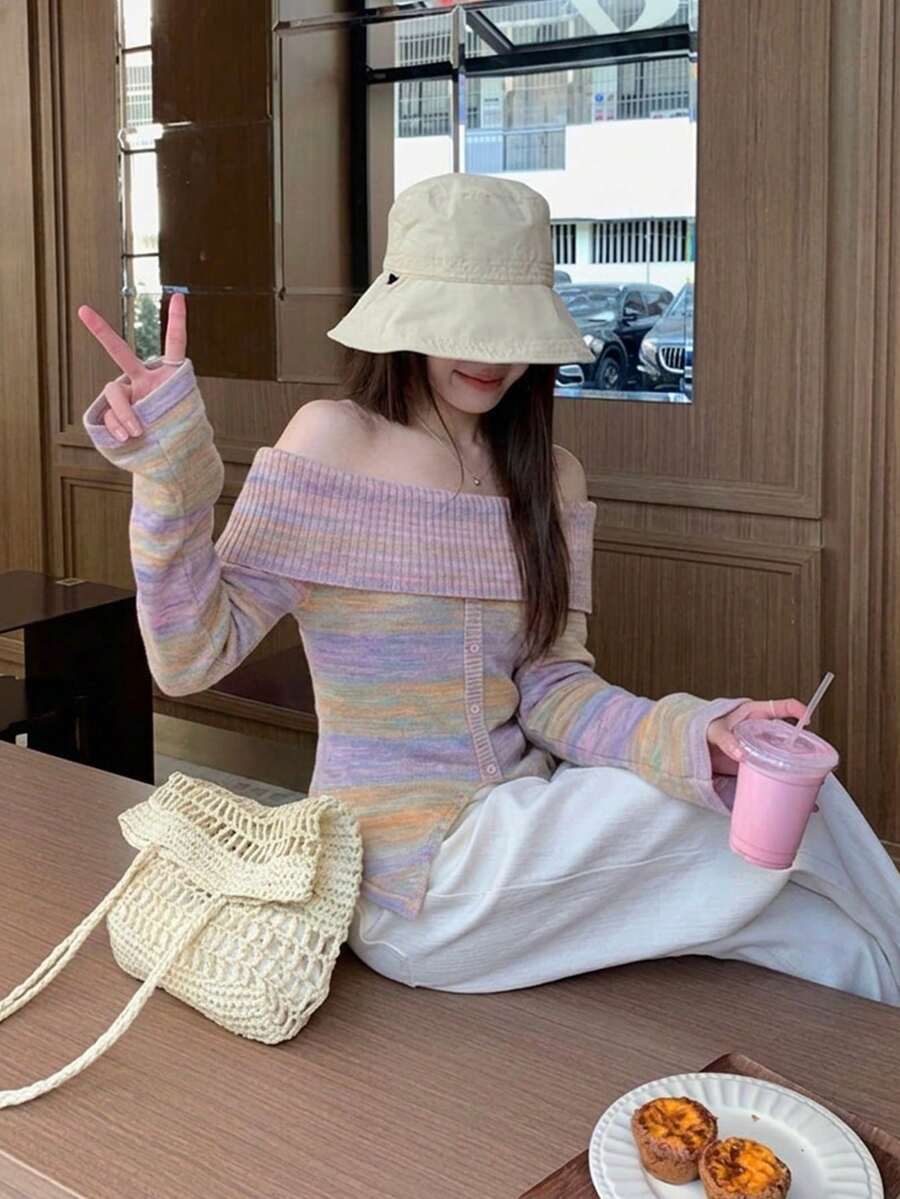 Women's Colorful Open Shoulder Off Shoulder Long Sleeve Sexy Sweater, Autumn/Winter Style (Random Stripes) - Pink - View 1