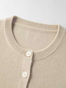 Cardigan Rajut Bertekstur Wanita, Jaket Sweater Kancing Lengan Panjang Leher Bulat, Lapisan Warna Polos Kasual Musim Gugur dan Musim Dingin, Cocok untuk Bepergian. - Aprikot - View 4