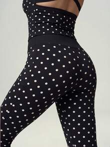 UONNOU 2pcs Polka Dot Square Neck Criss-Cross Strap Tank Top + Criss-Cross Waist Flare Pants Sports Set - Black - View 6