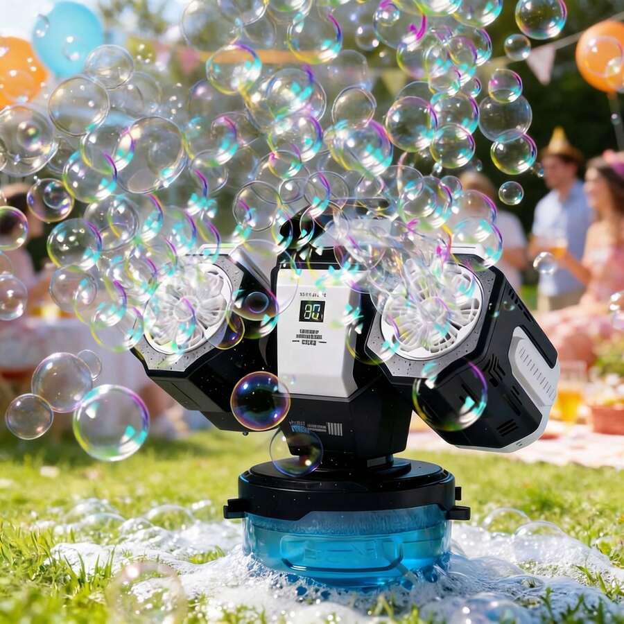Rechargeable Bubble Machine With Built-In RGB Lights, Creates 30,000 Bubble Storm, 360° Automatic Rotation, Remote Control Operated, Battery Level Display, Perfect For Weddings, Kids Parties, Outdoor Entertainment