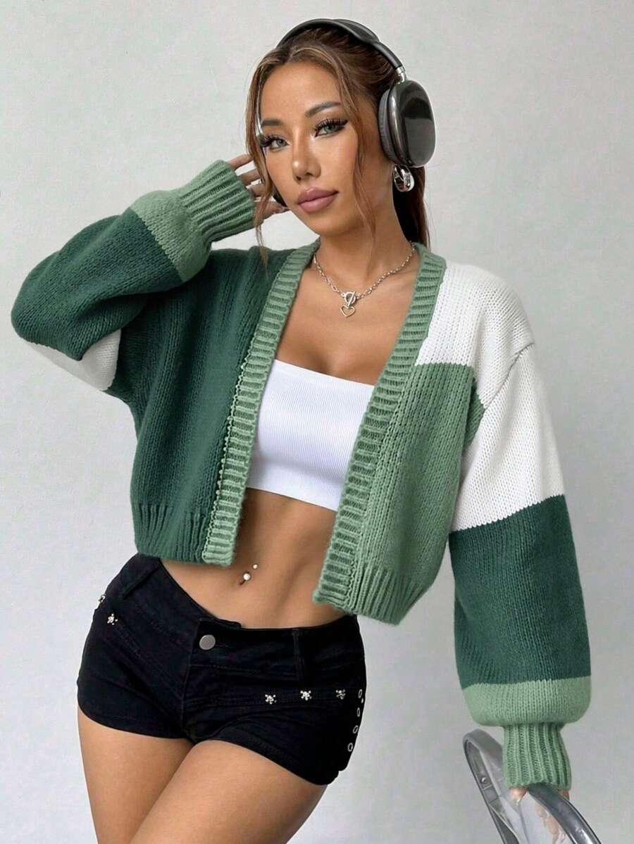 Women's Short Knitted Cardigan For Spring And Summer, Color-Blocked Open-Front Lantern Sleeve Loose Casual Sweater, Casual Preppy Style