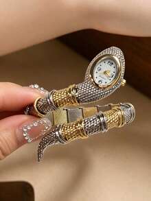 SOKI Women's Fashion Personalized Snake Bracelet Watch Quartz Watch Electronic Drive And Pointer Display Suitable For Daily Wear Back To School Season Time Checking Birthday Gift Also Ideal Choice For Friends - Silver and Gold - View 6