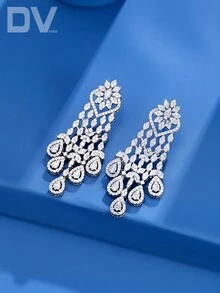 DV JEWELRY 1 Pair Luxury Cubic Zirconia White Gold Plated Pendant Earrings For Women, Elegant Jewelry Gift For Date, Wedding, Party, Anniversary With Gift Box Packaging - Silver - View 4