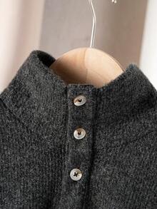 Boys' & Teens' Minimalist Comfortable Letter Patch High Neck Long Sleeve Polo Shirt, Suitable For Back To School, Daily Wear, Autumn/Winter - Black - View 6