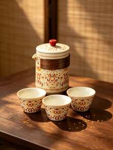 1 Set Perlengkapan Teh Keramik Portabel untuk Perjalanan, Teko Teh Gaya Cina Motif Bunga Klasik dengan 3 Cangkir Teh, Termasuk Tas Penyimpanan Tahan Air dengan Resleting, Perlengkapan Teh Seduh Cepat dengan Isolasi Panas, Peralatan Minum Serbaguna, Cocok untuk Berkemah, Rumah, Kantor, Hadiah Liburan - MultiWarna - View 3