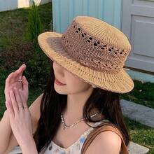 Crochet Straw Boat Hat With PU Leather Trim And Gold Buckle, Women's Summer Beach Sun Hat - Multicolor - View 7