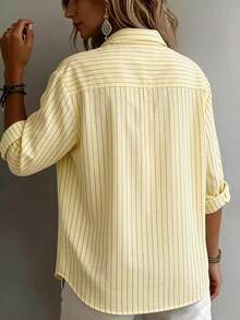 Women's Plus Size Casual Loose Striped Shirt Jacket With Collar And Cuffs - Yellow - View 3