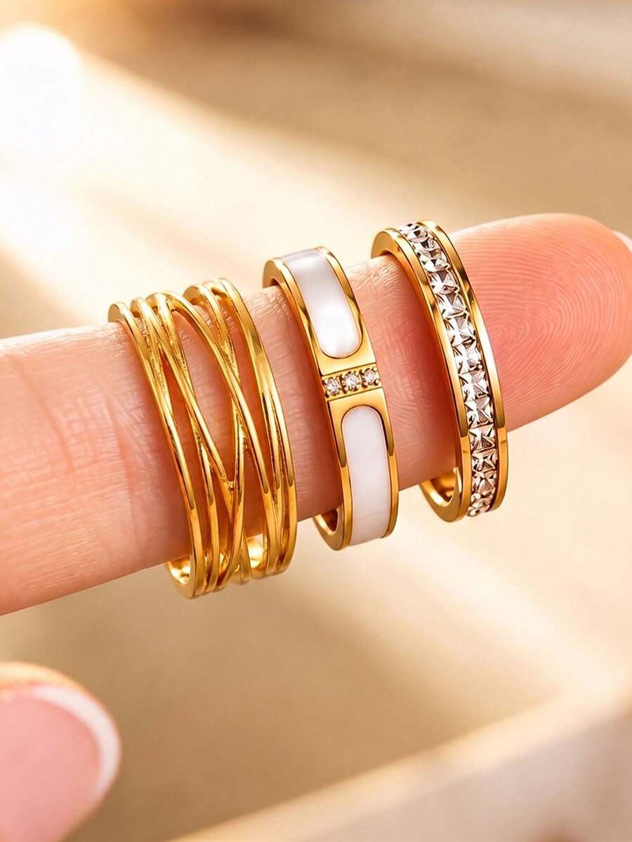 Exquisite Sexy Stainless Steel Ring 3 Pieces Set, Adds Atmosphere To Dates Or Daily Wear, Perfect Jewelry Gift For Your Loved One - Gold - View 1