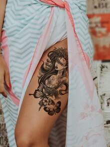 1pc Black Aesthetic Floral Butterfly Crescent Moon Branch Leaf Portrait Pattern Temporary Tattoo Sticker, Waterproof Body Skin Tattoo For Party Gift, Holiday Gift, Concert, Arm, Leg - Black - View 3