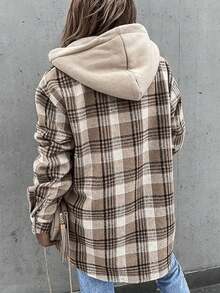 Women's Plaid Hooded Lightweight Shirt Jacket, Spring/Autumn - Multicolor - View 2