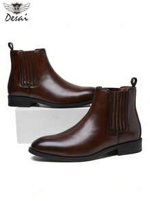 DESAI Men's Fashion Classic Premium Solid Color Chelsea Boots, Vintage Style Cylinder Boots, British Style Boots, Chunky Heel Slip-On Elastic Band Daily Shoes - Brown - View 2