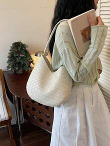 新款高品質紋理編織時尚休閒大容量通勤女款隨性手提包 - 白色 - 查看 5