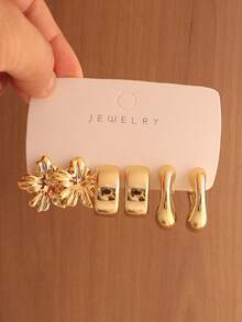 6/18PCS Fashionable Elegant Floral Geometric Textured Metallic Earring Set Suitable For Party, Banquet, Travel, Wedding, Vacation, Daily Wear Jewelry Gift (Lightweight ABS Material, Non-Fading) - Gold - View 3
