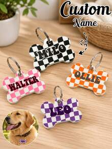 Custom Checkered Acrylic Bone Pet Tag, Cute Personalized Dog Name Collar Charm For Daily Walks And Home Use, Customized Pet Keepsake With Name, Customizable Puppy Pendant Gift For Pet Lovers, Birthday, Halloween, Thanksgiving And Christmas Day Gift - Style a - View 1