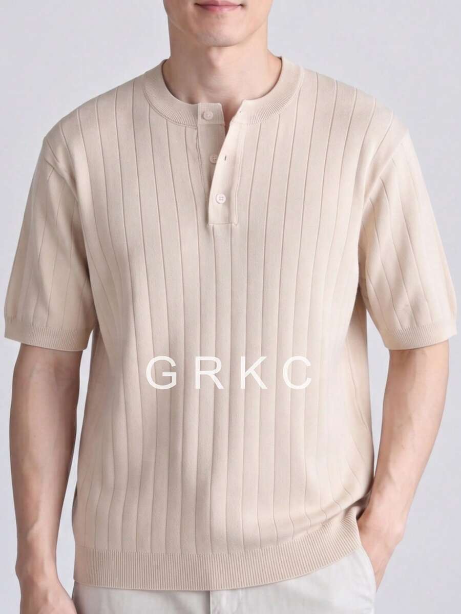 GRKC 男士短袖針織亨利領圓領寬鬆直筒休閒風針織T恤 春夏上衣 - 杏色 - 查看 1