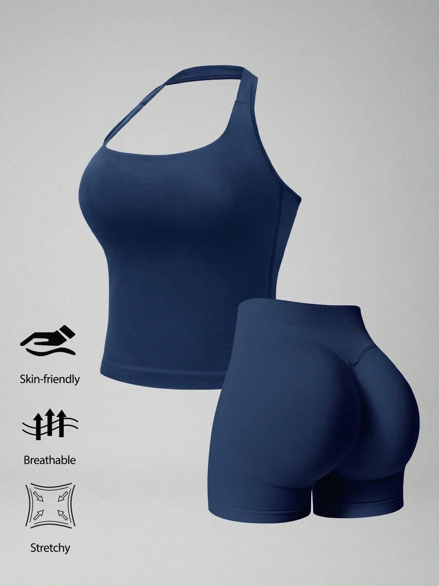 NcmRyu Conjunto deportivo de mujer de un solo color con camiseta de tirantes finos, acolchado desmontable y ajustada, y shorts fruncidos - Azul Marino - Ver 1