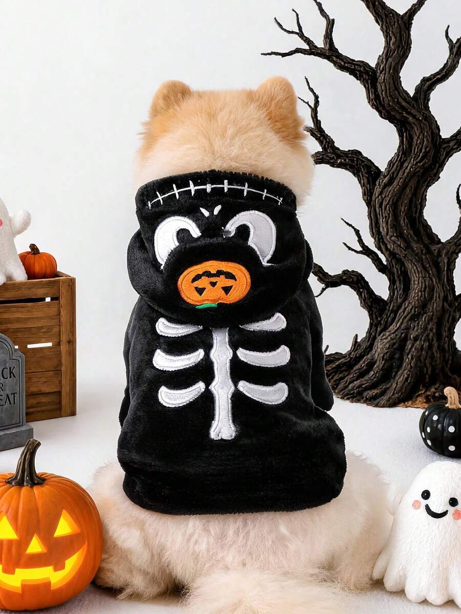 1PC Pet Clothes 2026 Autumn/Winter New Small Dog Puppy Cat Cute Holiday Costume Windproof Warm Plush Halloween Transformation Outfit - Pumpkin Ghost - Black - View 1