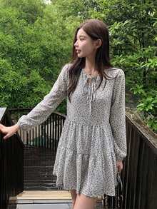 Gaun Musim Semi/Panas Terbaru, Sederhana, Kasual, Longgar, Motif Bunga, Lengan Panjang, Putih, Elegan untuk Liburan - Putih - View 4