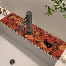 1pc Halloween Pumpkin Black Cat Design, Non-Slip Rubber Faucet Splash Guard, Bathroom Faucet Splash Pad, Mud Guard, Moisture-Proof Non-Slip Faucet Mat, Kitchen Countertop Accessory. Protect Your Kitchen Countertop. - Multicolor - View 4