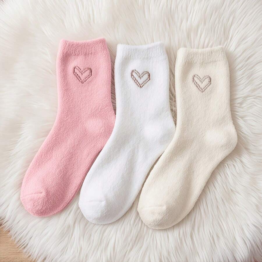 5 Pairs Heart Embroidery Socks, Cute Warm Fluffy Thick Mid-Calf Socks, Suitable For Autumn/Winter, Women's Hosiery And Socks, Random Color - Multicolor - View 1