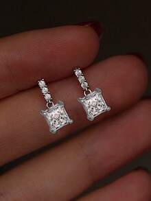 2pcs Women's Copper Zirconia Square Stud Earrings, Daily Color Matching Earrings - Silver - View 4