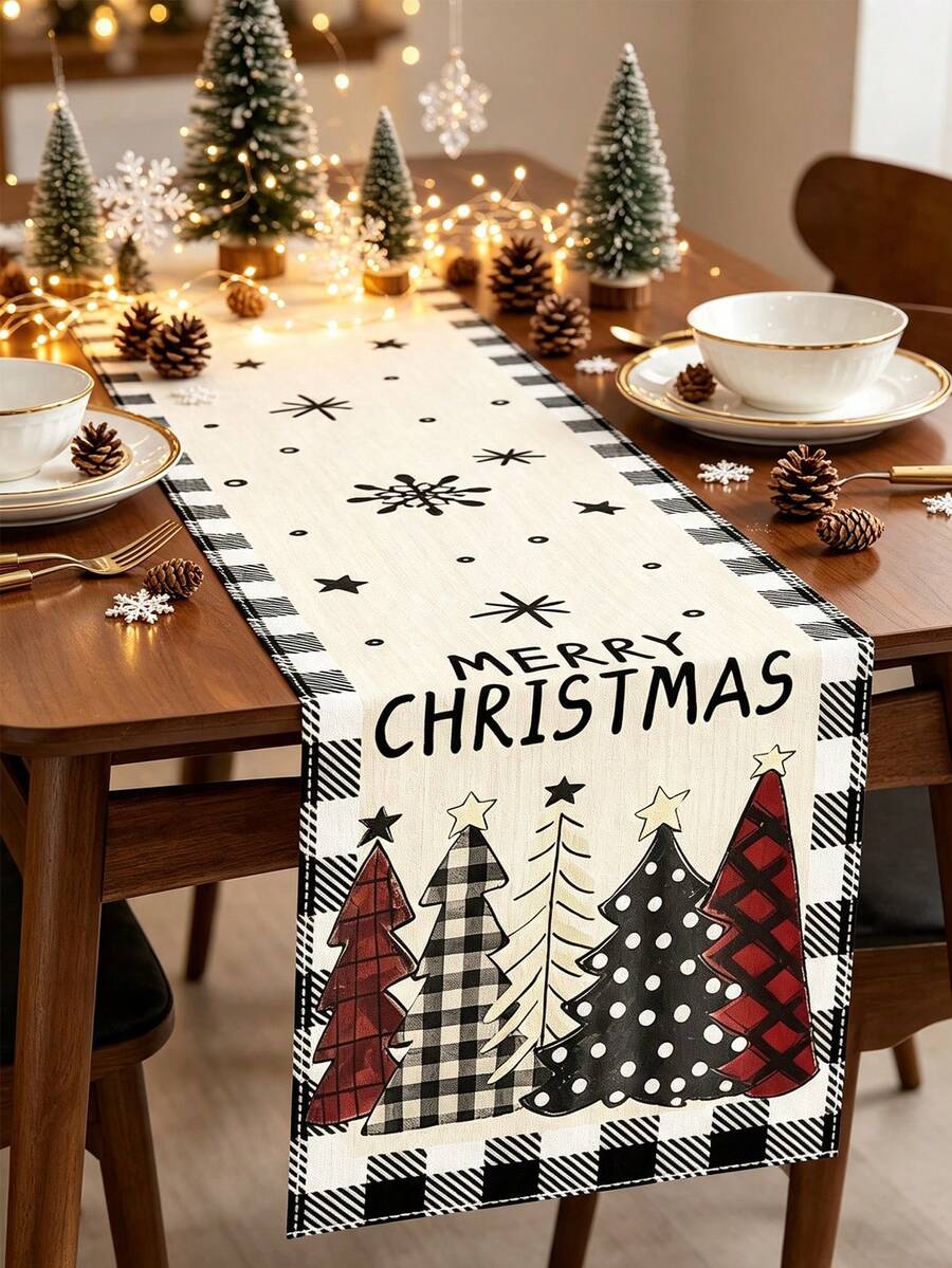 1pc Merry Christmas Linen Table Runner, Buffalo Plaid Christmas Tree Print Table Runner, Christmas Holiday Kitchen Dining Room Party Table Decor, Winter Farmhouse Style Linen Tablecloth, Christmas Decoration, Christmas Decor - Multicolor - View 1