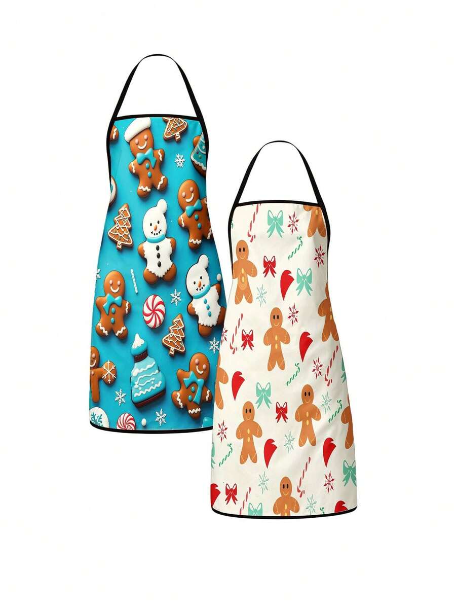 2Pcs Waterproof Merry Christmas Household Aprons, Bright Blue 3D Cartoon Gingerbread Man Snowman Peppermint Candy & Off White Gingerbread Bow Candy Cane Winter Element Printed Adjustable Bib Aprons, Indoor Baking Cleaning Xmas Decorative Apron Gifts - Multicolor - View 1