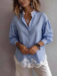 SwallowLucky Women's Autumn/Winter Striped Lantern Sleeve Blouse, Lace Trim, Loose Open Front Vacation Top - Blue and White - View 7
