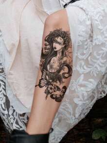 1pc Black Aesthetic Floral Butterfly Crescent Moon Branch Leaf Portrait Pattern Temporary Tattoo Sticker, Waterproof Body Skin Tattoo For Party Gift, Holiday Gift, Concert, Arm, Leg - Black - View 2