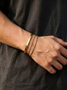 Set de 3 piezas de pulsera ajustable en forma de C de acero inoxidable chapado en oro de 18K, de moda para uso diario de hombres - Dorado - Ver 1