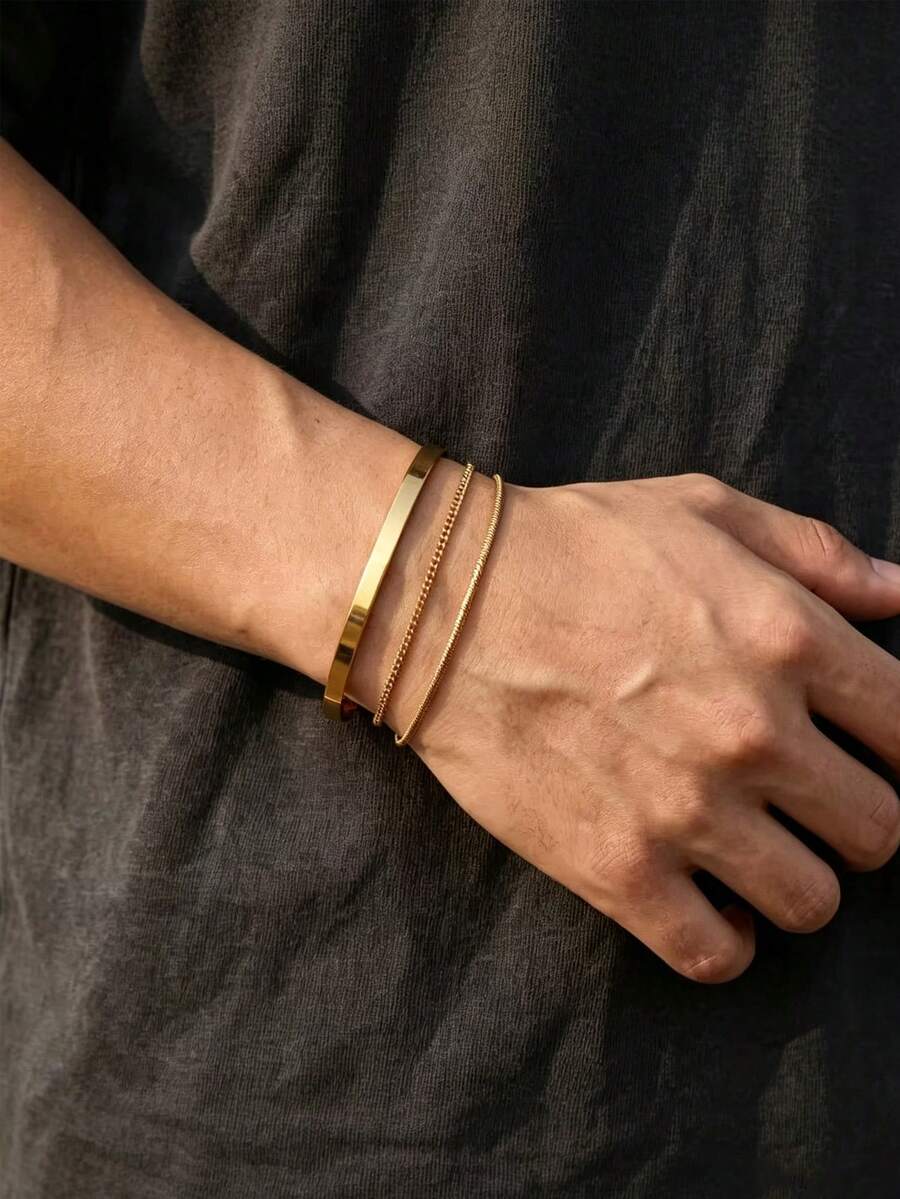 Set de 3 piezas de pulsera ajustable en forma de C de acero inoxidable chapado en oro de 18K, de moda para uso diario de hombres - Dorado - Ver 1