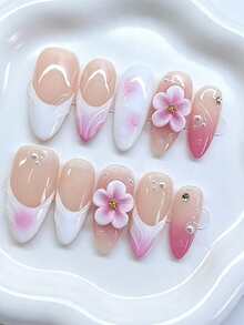 Zyas Almond Nude Pink Gradient Nail Pressing, 3D Carved Nail Pressing White Wave Embossing French Nail Tip Shiny Hand Reusable Fake Nails Tip Suitable For Women's Daily Summer Nails Daily Wear Graduation Travel Holiday Gifts Suitable For Parties - Multicolor - View 3