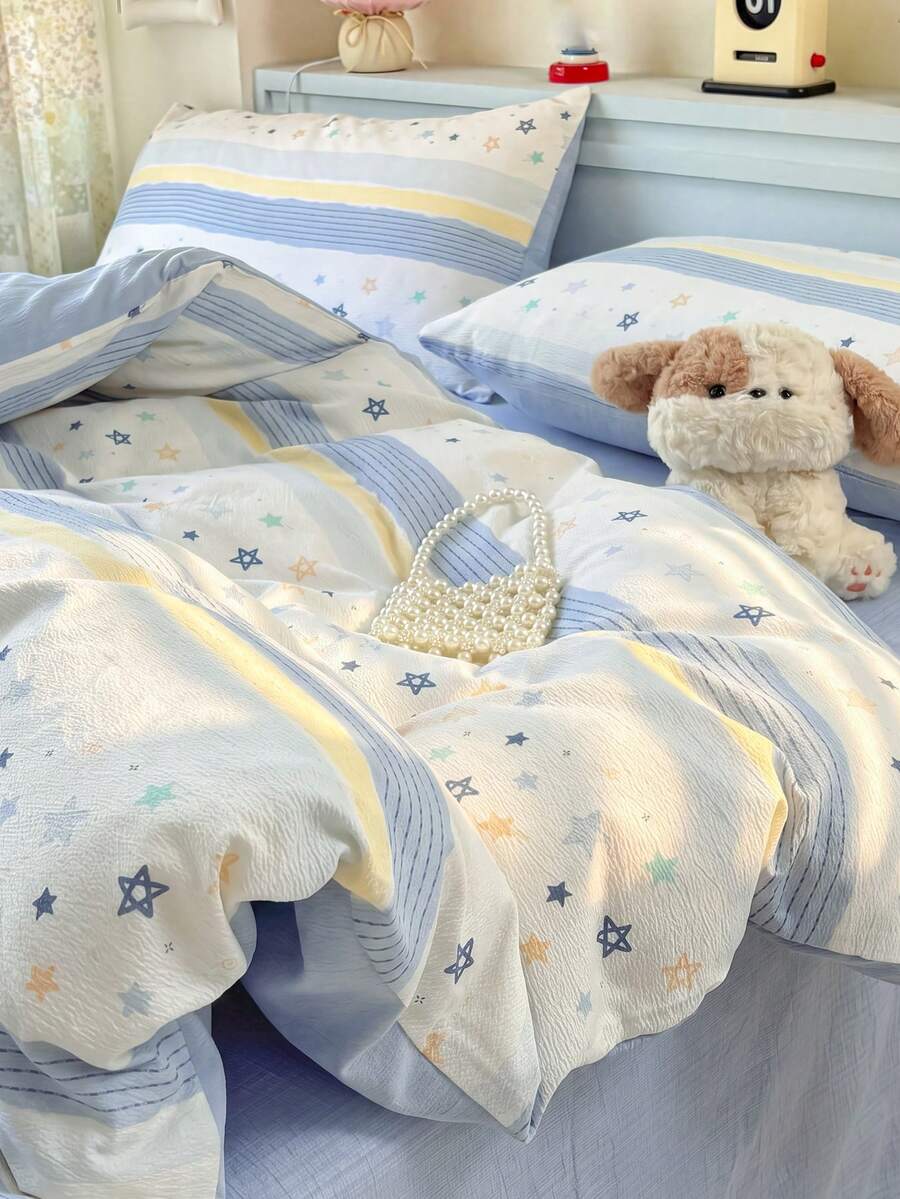 Sea Salt Striped Small Star Duvet Cover 3-Piece Set, Ins Style, Summer, Dorm Home Decor, Polyester, Includes 1 Duvet Cover, 2 Pillowcases, Does Not Include Duvet Insert And Pillow Insert, Pillowcase Pattern Randomly Cropped