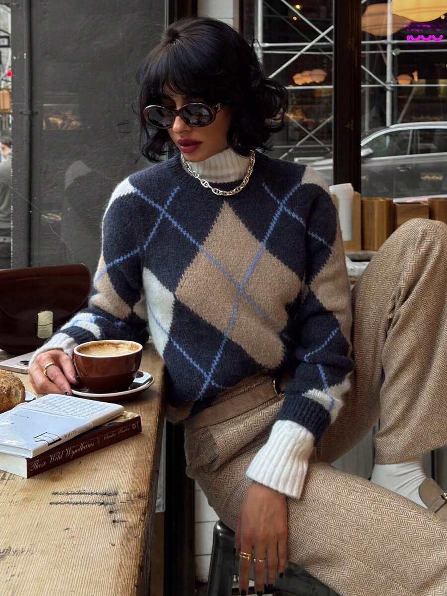 Old Money Style Classic Argyle Pattern Women's Pullover Wool Sweater, Long Sleeve Knit Top, Ribbed Cuffs, Autumn/Winter Collection Fall - Multicolor - View 1