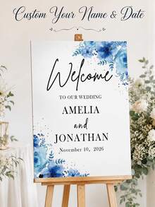 Custom Party Welcome Sign, Custom Wall Art, Blue Floral Theme Welcome Board, Personalized Name And Photo Welcome Plaque, Suitable For Wedding Decor And Various Events - Multicolor - View 3