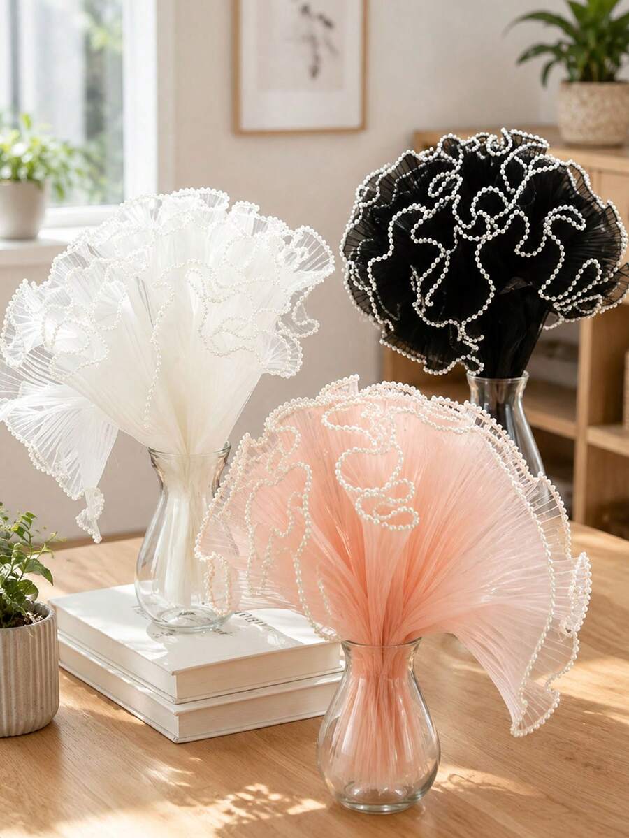 1pc/3pcs Pearl Wavy Mesh Bouquet Packaging Fan, Floral Decoration Mesh Fan, Fresh Flower Gift Packaging Accessory, Handmade Pleated Pearl Edge Mesh Fan, Popular Floral Backdrop Prop, DIY Bouquet Matching Material, Atmospheric Photo Decoration Mesh - Multicolor - View 1