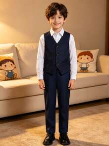 男童 3 件套西裝，幼兒燕尾服正式穿著，花童套裝，婚禮背心長褲吊帶，兒童正式西裝，海軍藍，4-16 歲 - 藏蓝色 - 查看 5