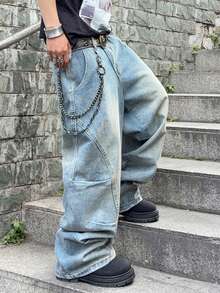 Hearty Haven 1pc American Vintage Pleated Patchwork Men's Loose Wide Leg Pants Comfortable All-Season Denim Trousers Preppy Style Long Pants - No Belt And Accessories - Blue - View 2