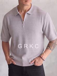 GRKC Men's Short Sleeve Polo Shirt, Polo Collar, Short Knit, Loose Straight Fit, Business Casual Style, Half-Zip Knit Polo, Spring/Summer Top - Light Grey - View 3