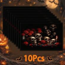 1件哥德式萬聖節餐墊，骷髏與紅玫瑰蠟燭印花，黑色暗黑風桌墊杯墊，廚房用餐派對節日居家裝飾 - 彩色 - 查看 12