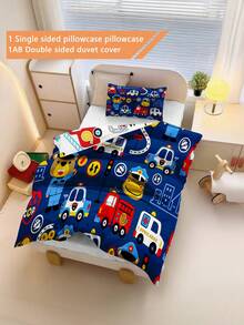 1pc Navy Blue Cartoon Rescue Vehicle Print Duvet Cover Set (No Filling) 100% Polyester Double-Sided Duvet Cover Set, No Filling, Suitable For Infants And Children, Machine Washable, Ideal Holiday Gift For Newborn Bed/Crib - Multicolor - View 7