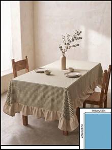 1pc Sage Green And White Small Checkered Patchwork Beige Ruffle Edge Tablecloth, Natural Vintage Style, Rectangular, Beige Ruffle Edge With Pleated Detail, Decorative And Functional, Suitable For Home Dining And French Country Home Decor - Green - View 18
