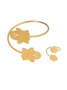 2pcs Line Pumpkin Ghost Bat Shaped Gold Metal Bracelet Ring Set, Minimalist Style Classic Luxury Party Holiday Jewelry - Yellow Gold - View 6