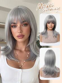 Topshe 16 Inch Light Pink & Silver Layered Cut Women's Wig With Bangs, Shoulder Length Straight Synthetic Fiber Wig, Heat Resistant Fashionable Hairstyle, Suitable For Halloween, Cosplay, Party, Costume Performance And Daily Wear - Multicolor - View 13