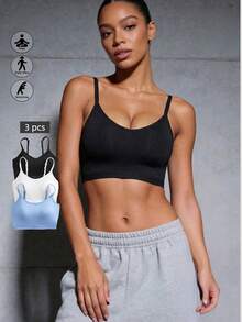 Runway Rest 3pcs/Set Women's Solid Color Adjustable Strap Comfortable Wireless Padded Camisole Bra Tops, Suitable For Sports, Sleep - Multicolor - View 1