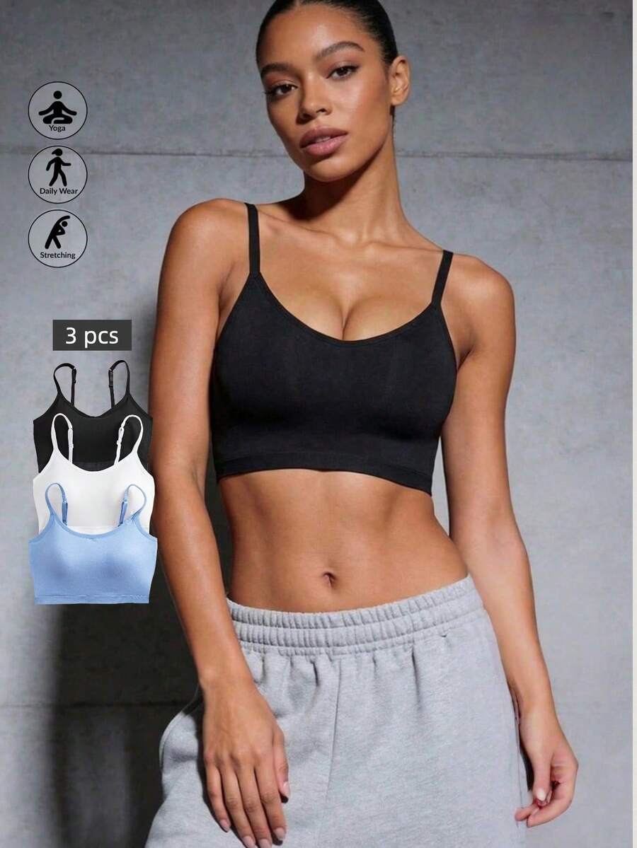 Runway Rest 3pcs/Set Women's Solid Color Adjustable Strap Comfortable Wireless Padded Camisole Bra Tops, Suitable For Sports, Sleep - Multicolor - View 1
