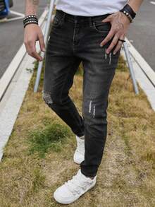 Men's Fashion Casual Washed Stretch Distressed Slim Fit Jeans - Dark Grey - View 2