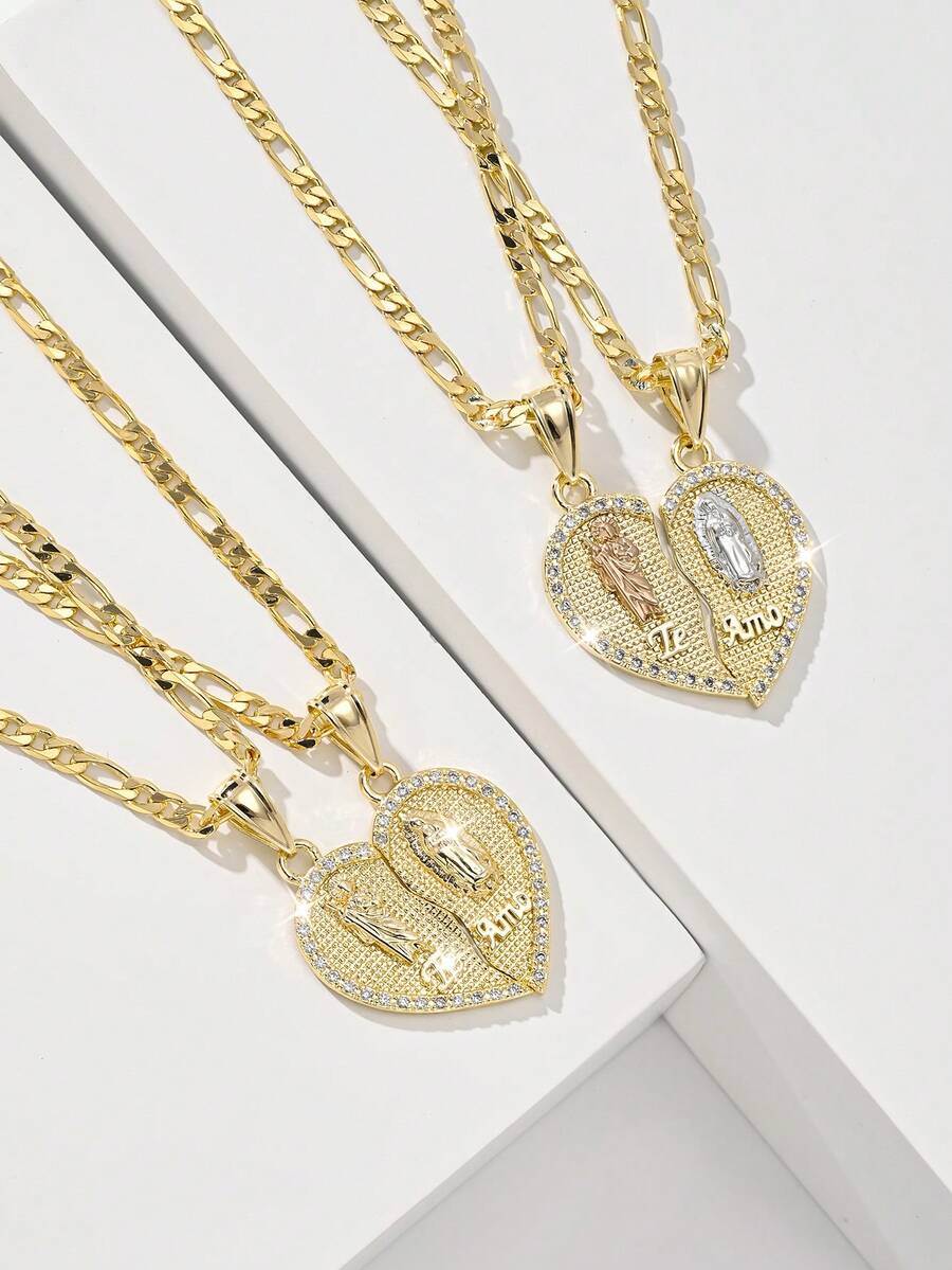 Heart Puzzle Necklace Niche Two-Piece Heart Pendant Layered Couple Luxury High-End Clavicle Chain - Yellow Gold - View 1