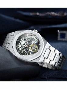 Fashion Hollow Automatic Mechanical Men's Wristwatch, Asymmetrical Case, Casual Business Tourbillon Skeleton Dial, Silver Stainless Steel Band, Luminous Hands, Gift-Grade Watch - Silver - View 3