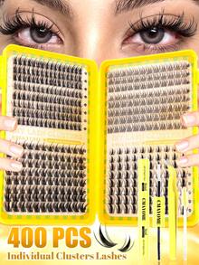 400pcs Mixed Style Cluster False Eyelashes, Maple Leaf/Wheat/Triple Fish, Delicate Natural Eyelash Band, DIY Home Eyelash Extension, Cluster False Eyelashes, Single Piece False Eyelashes, False Eyelashes, Suitable For Creating Various Makeup Looks, Suitable For Daily/Date/Party Use - Multicolor - View 3